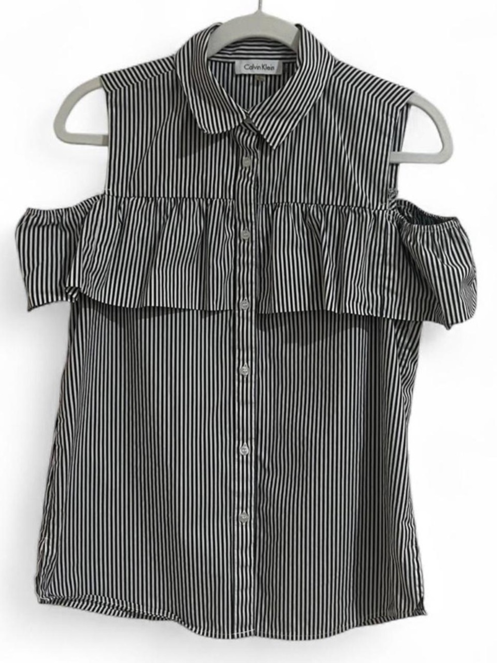 Calvin Klein Women's Small Black & White Striped Cold Shoulder Ruffle Button Fro